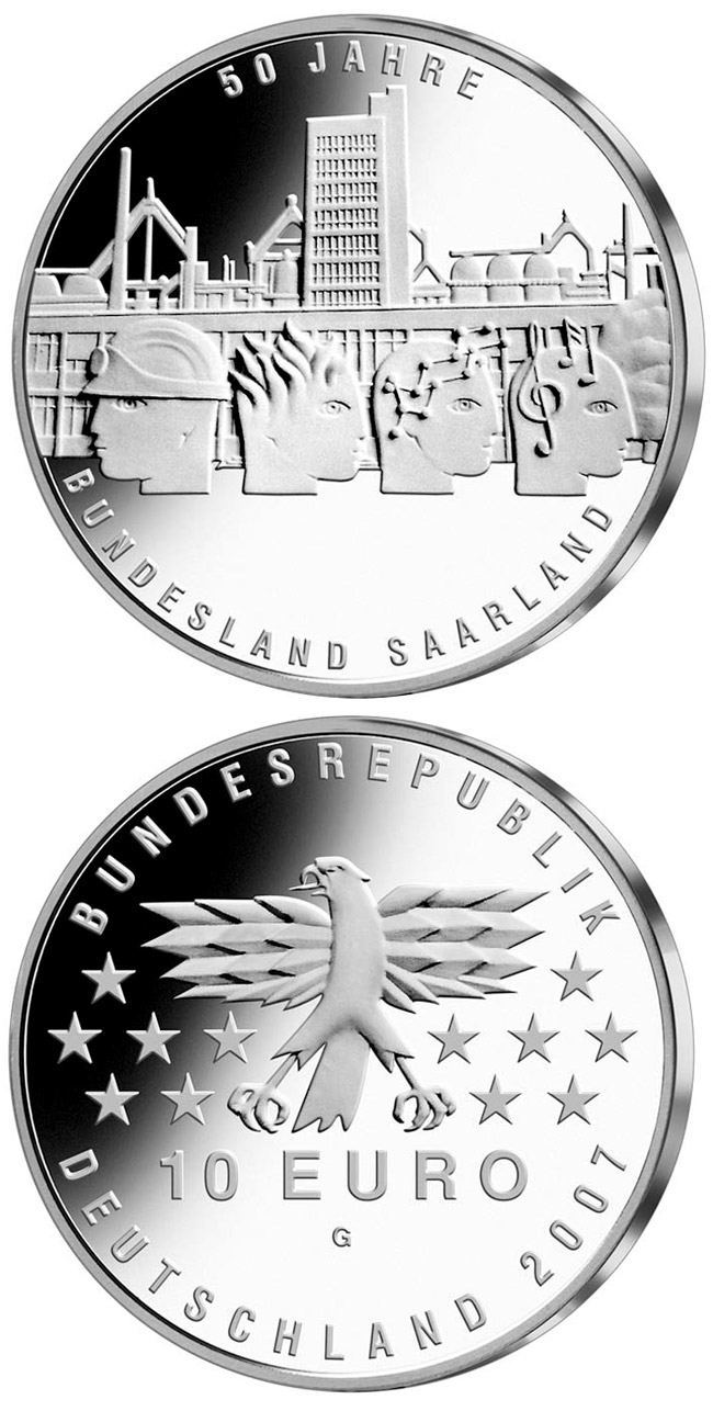 Image of 10 euro coin - 50 Jahre Bundesland Saarland | Germany 2007.  The Silver coin is of Proof, BU quality.