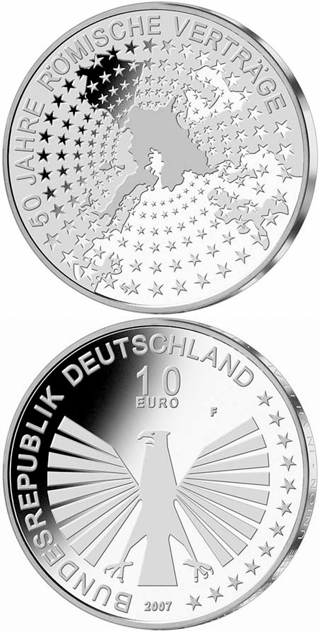 Image of 10 euro coin - 50 Jahre Römische Verträge | Germany 2007.  The Silver coin is of Proof, BU quality.