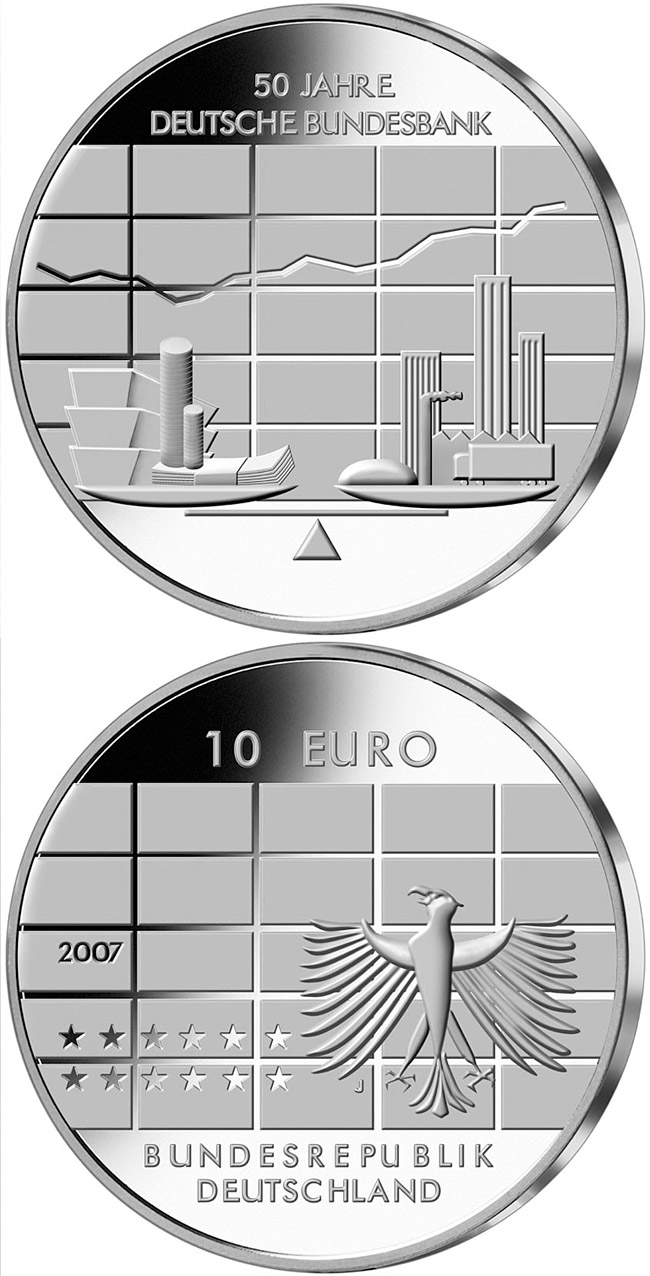 Image of 10 euro coin - 50 Jahre Deutsche Bundesbank | Germany 2007.  The Silver coin is of Proof, BU quality.