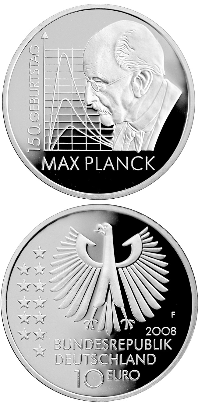 Image of 10 euro coin - 150. Geburtstag Max Planck  | Germany 2008.  The Silver coin is of Proof, BU quality.