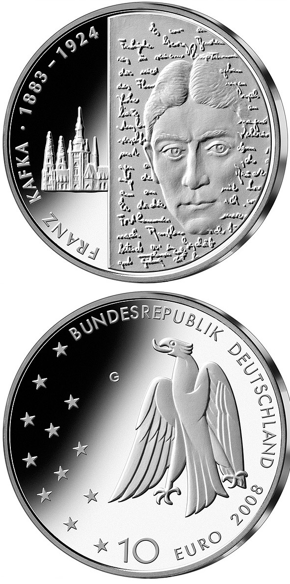 Image of 10 euro coin - 125. Geburtstag Franz Kafka | Germany 2008.  The Silver coin is of Proof, BU quality.