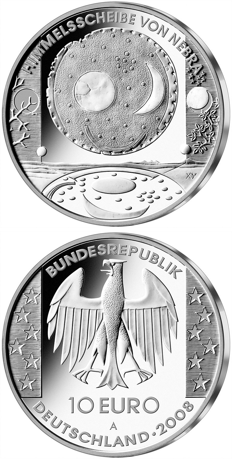 Image of 10 euro coin - Himmelsscheibe von Nebra | Germany 2008.  The Silver coin is of Proof, BU quality.