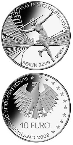 Image of 10 euro coin - Leichtathletik-WM in Berlin | Germany 2009.  The Silver coin is of Proof, BU quality.