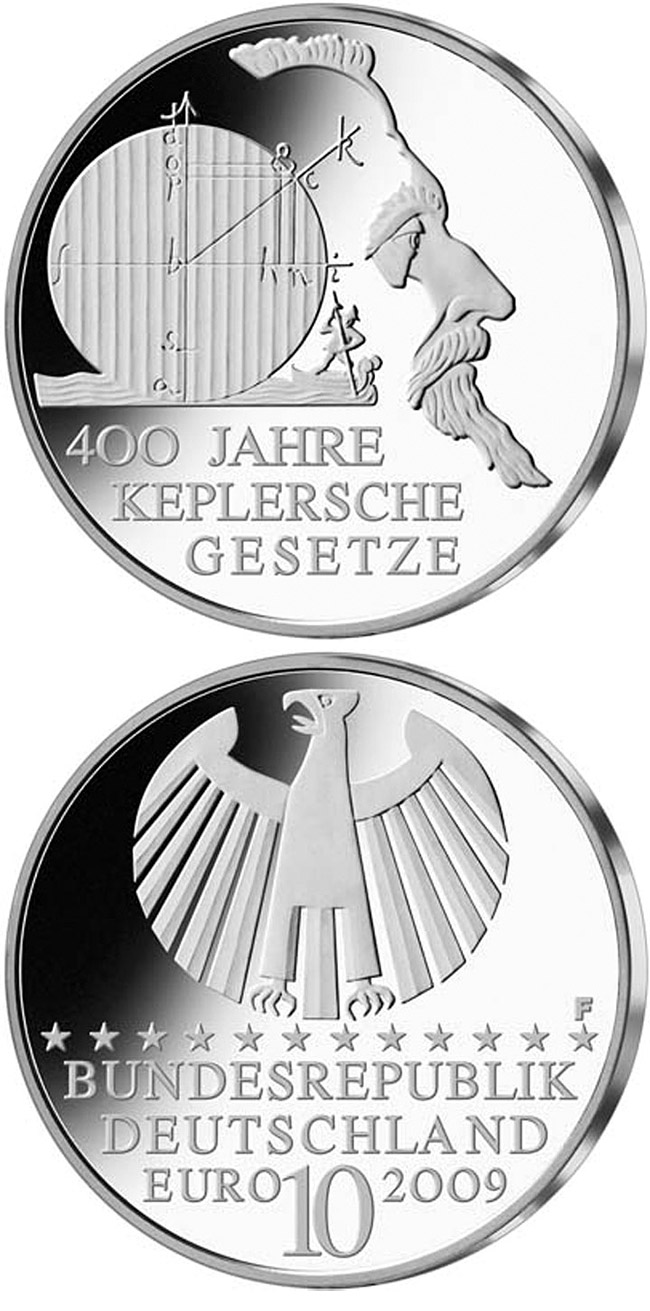 Image of 10 euro coin - 400 Jahre Keplersche Gesetze | Germany 2009.  The Silver coin is of Proof, BU quality.