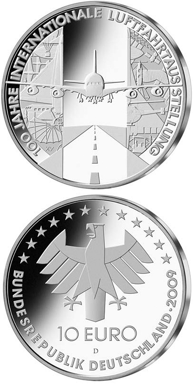 Image of 10 euro coin - 100 Jahre Internationale Luftfahrtausstellung | Germany 2009.  The Silver coin is of Proof, BU quality.