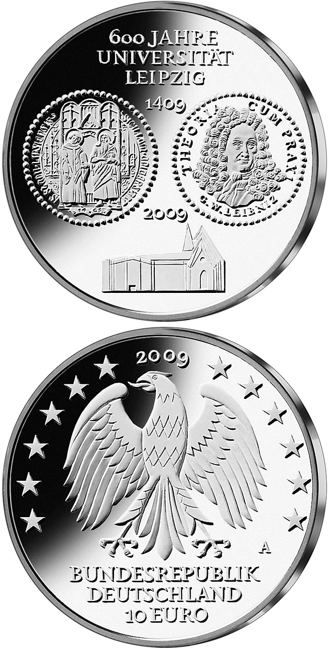 Image of 10 euro coin - 600 Jahre Universität Leipzig | Germany 2009.  The Silver coin is of Proof, BU quality.