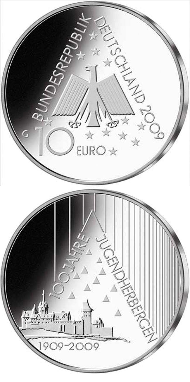 Image of 10 euro coin - 100 Jahre Deutsches Jugendherbergswerk | Germany 2009.  The Silver coin is of Proof, BU quality.