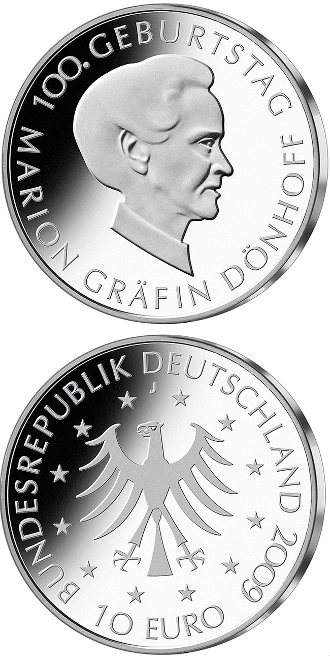 Image of 10 euro coin - 100. Geburtstag Marion Gräfin Dönhoff | Germany 2009.  The Silver coin is of Proof, BU quality.