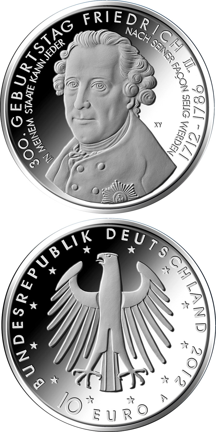 Image of 10 euro coin - 300.Geburtstag Friedrich der Große | Germany 2012.  The Silver coin is of Proof, BU quality.
