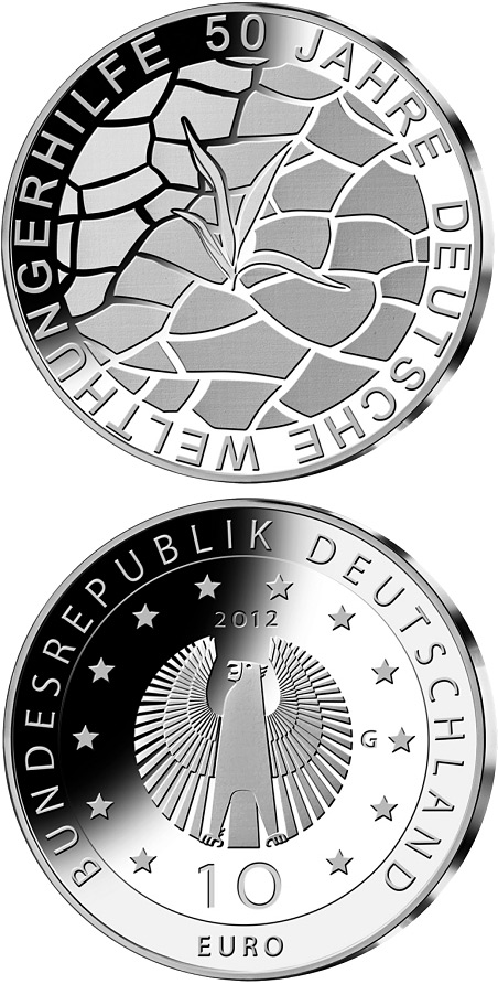 Image of 10 euro coin - 50 Jahre Welthungerhilfe | Germany 2012.  The Silver coin is of Proof, BU quality.