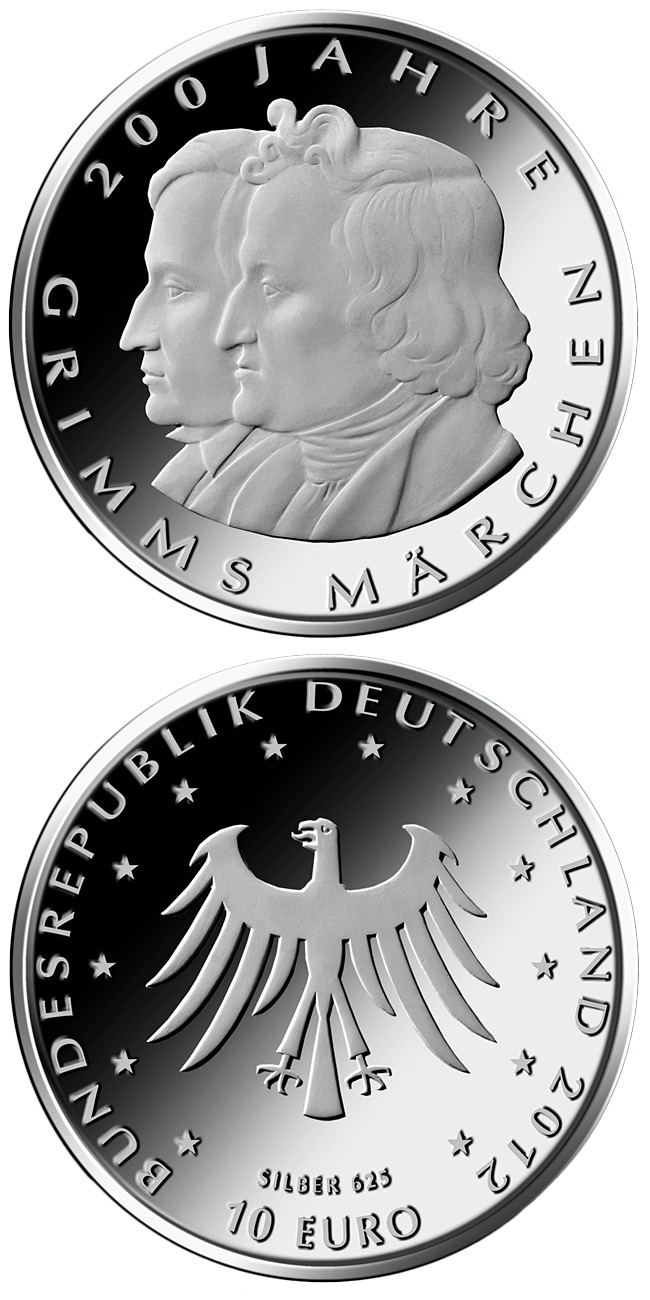 Image of 10 euro coin - 200 Jahre Kinder- und Hausmärchen der Brüder Grimm | Germany 2012.  The Silver coin is of Proof, BU quality.
