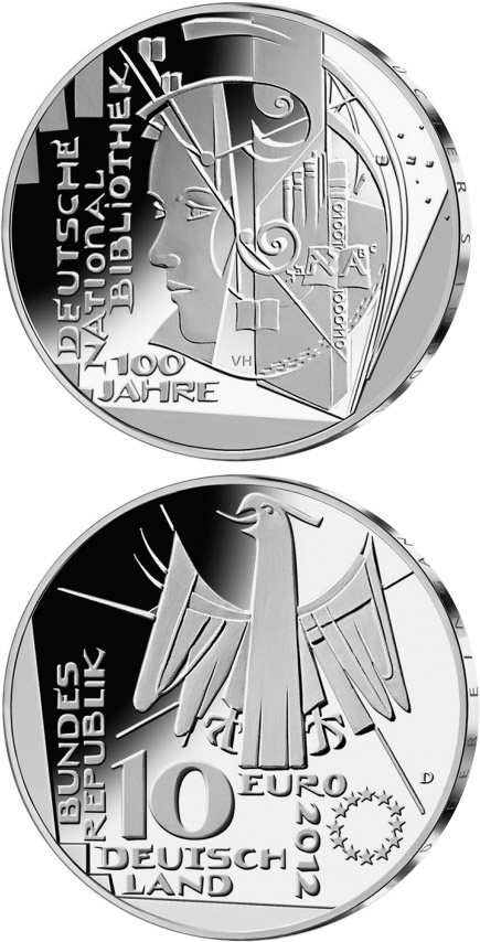 Image of 10 euro coin - 100 Jahre Deutsche Nationalbibliothek | Germany 2012.  The Silver coin is of Proof, BU quality.