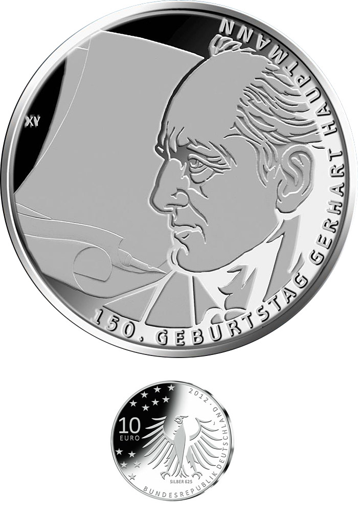 Image of 10 euro coin - 150. Geburtstag Gerhart Hauptmann | Germany 2012.  The Silver coin is of Proof, BU quality.