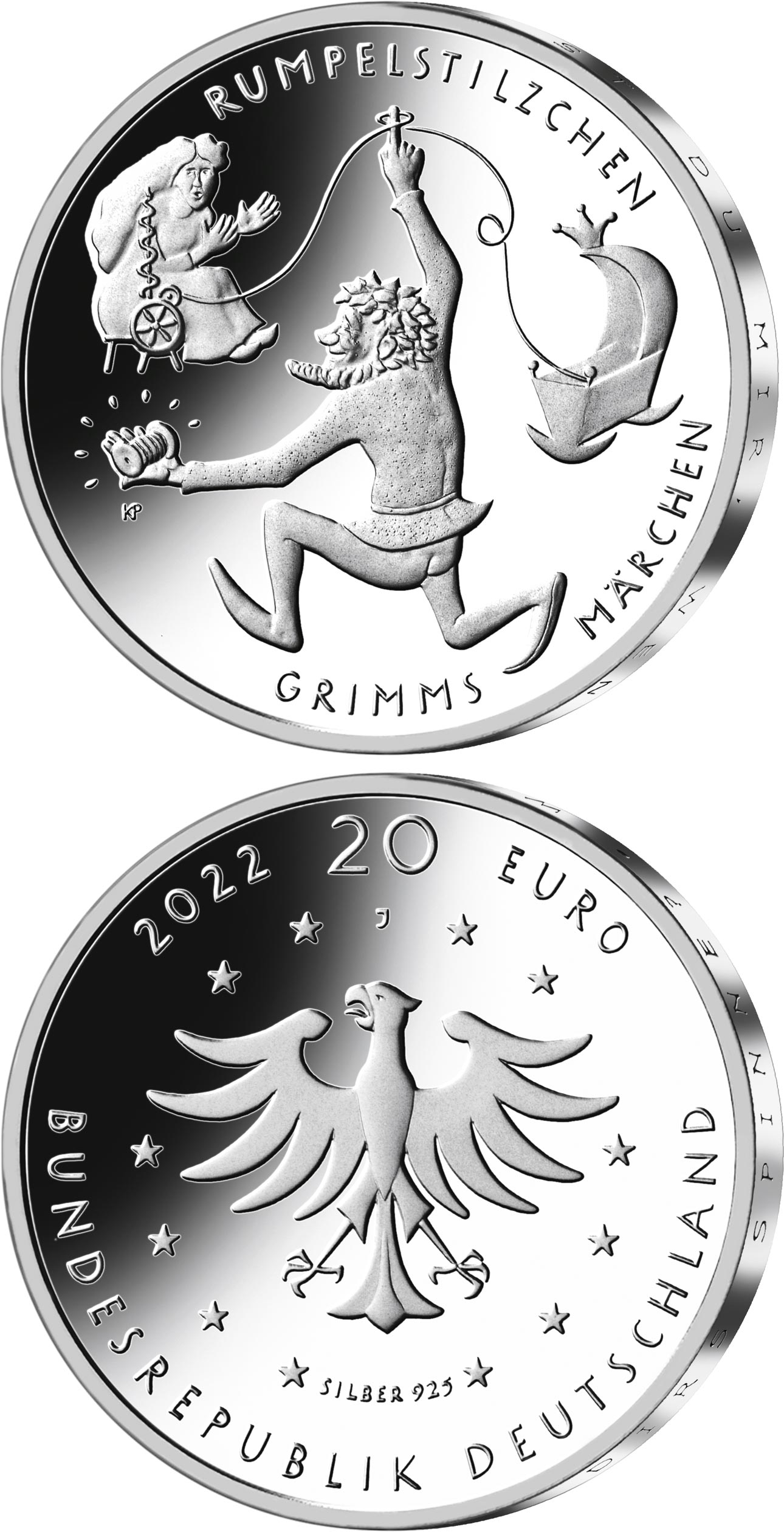Image of 20 euro coin - Rumpelstiltskin | Germany 2022.  The Silver coin is of Proof, BU quality.