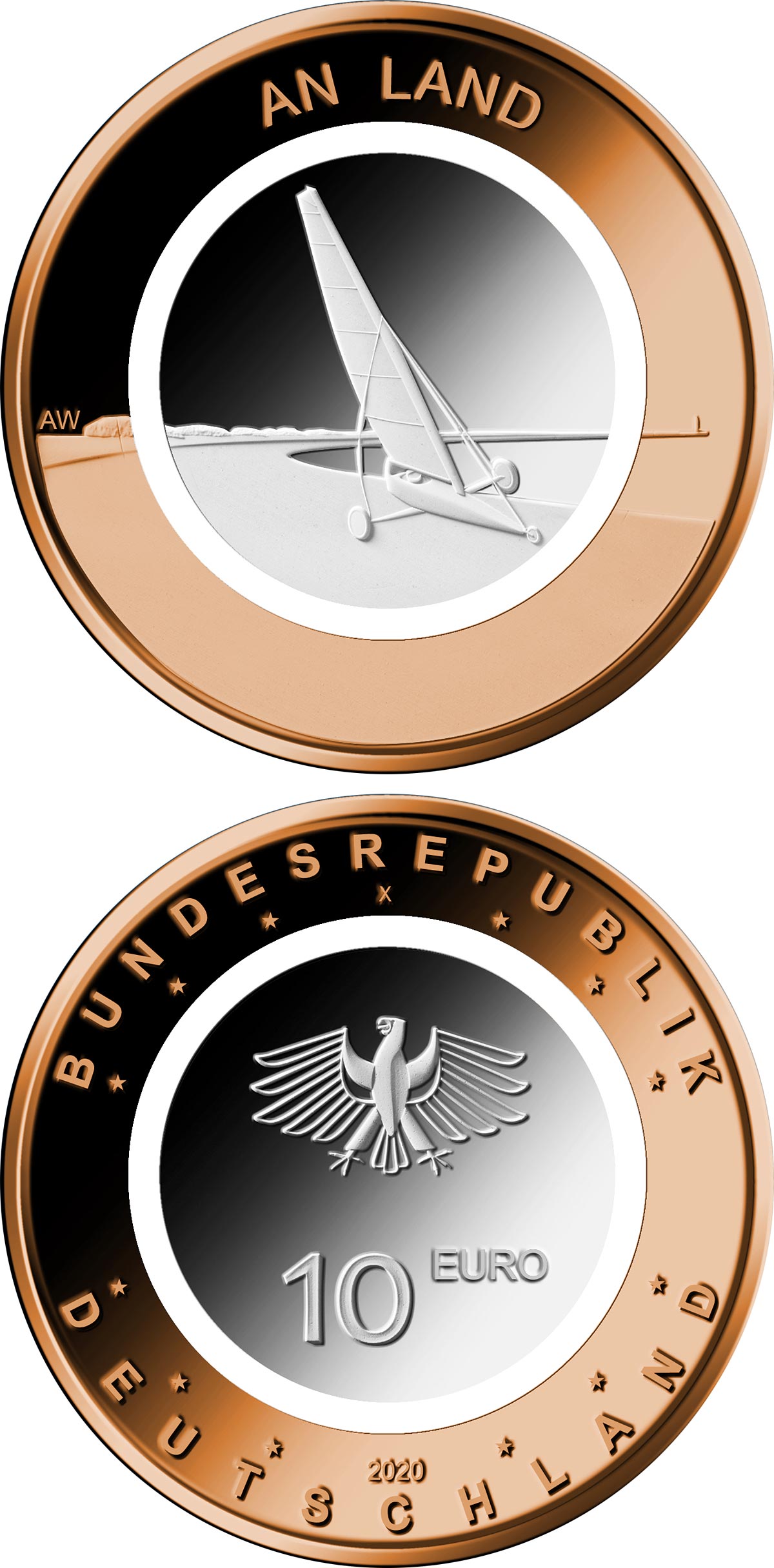 Image of 10 euro coin - On the Land | Germany 2020.  The Bimetal: CuNi, Brass coin is of BU quality.