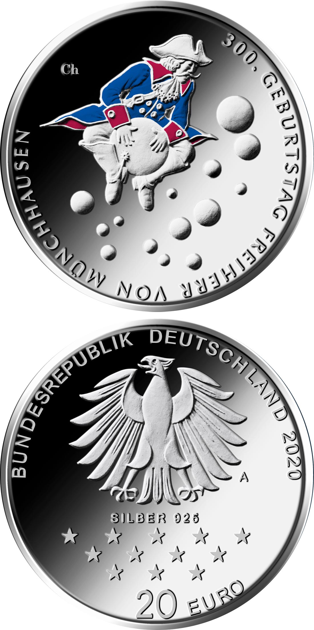 Image of 20 euro coin - 300th Anniversary of the Birth of Friedrich von Münchhausen | Germany 2020.  The Silver coin is of Proof, BU quality.