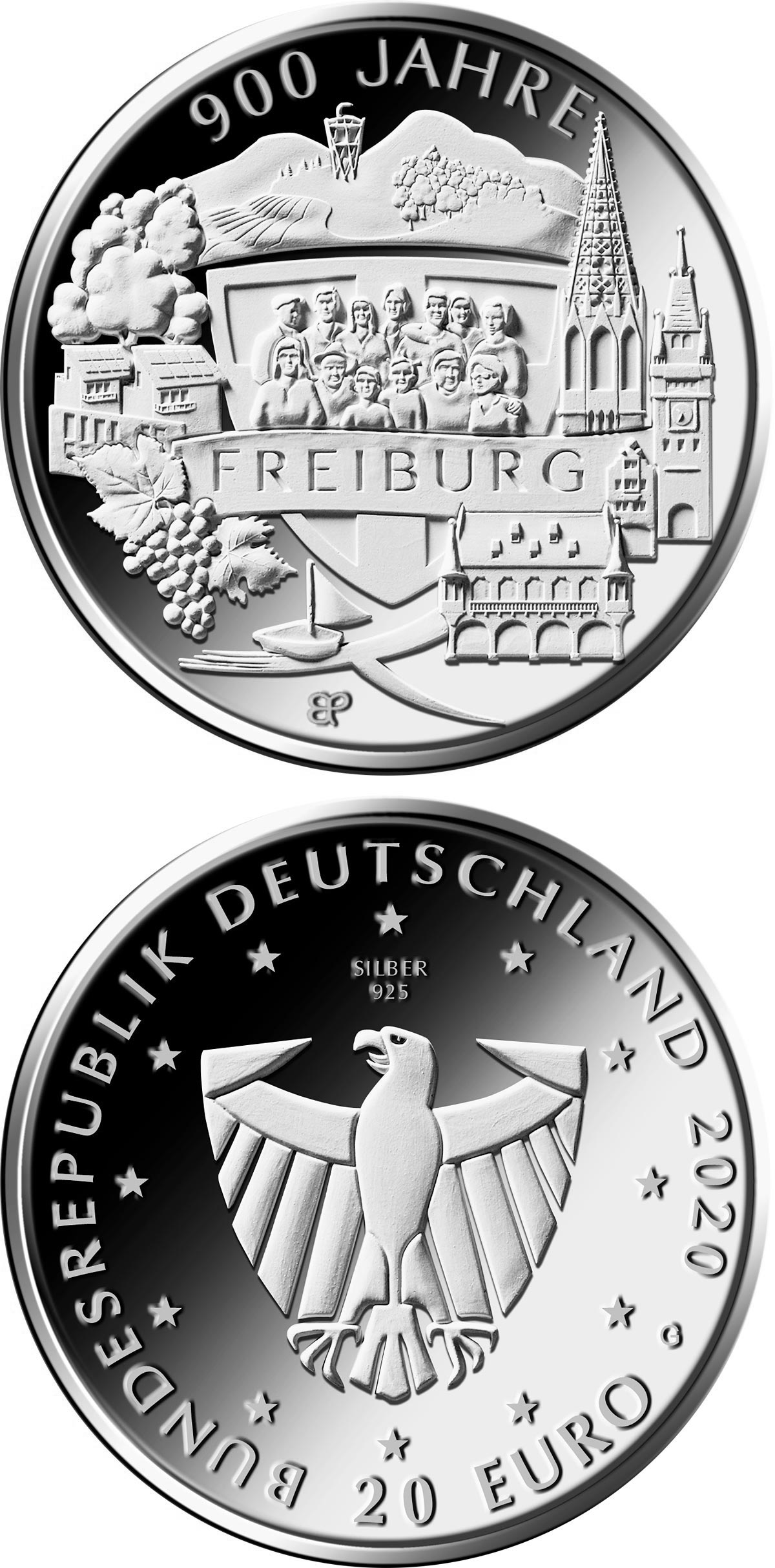 Image of 20 euro coin - 900 Years of Freiburg | Germany 2020.  The Silver coin is of Proof, BU quality.