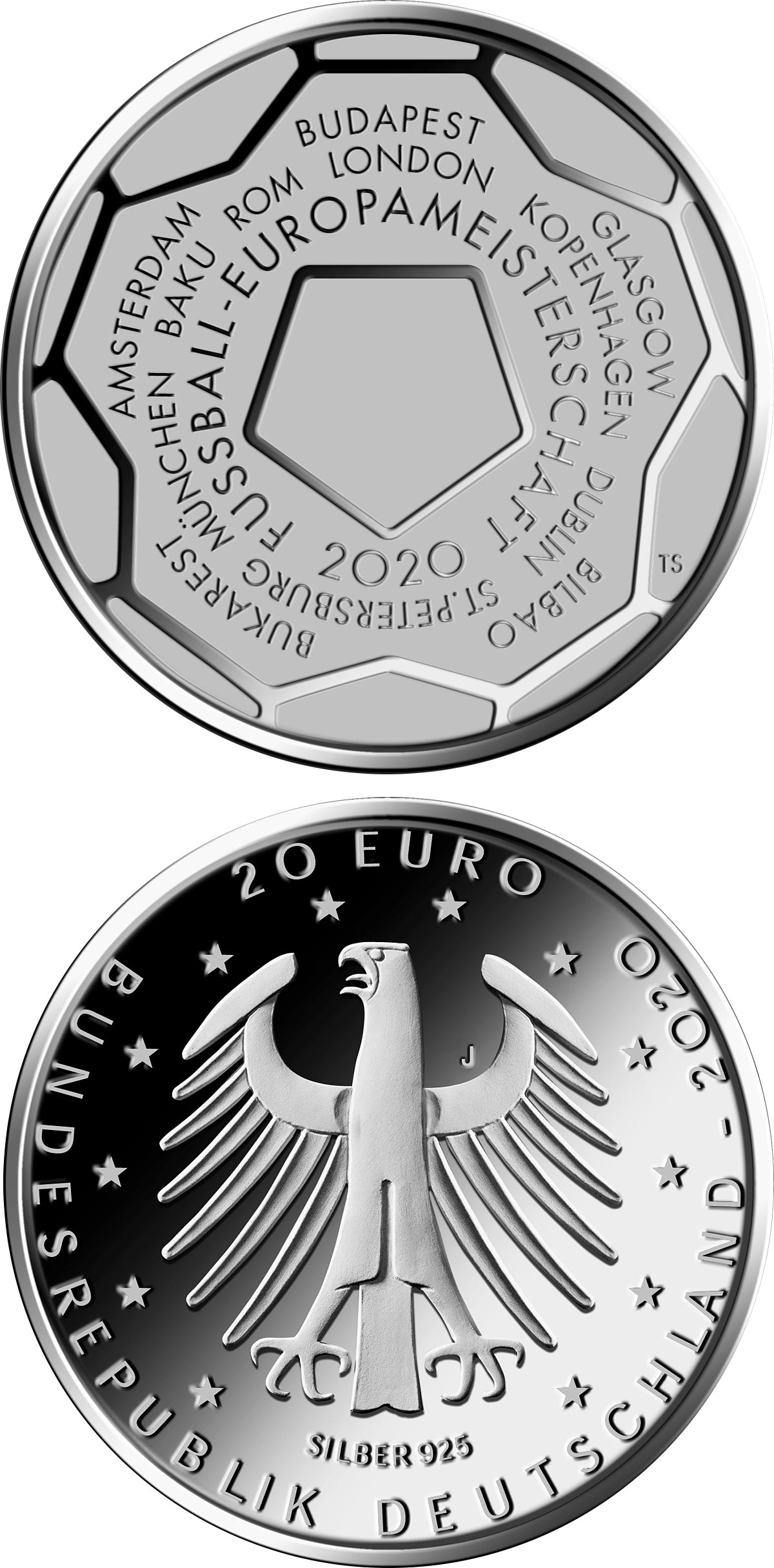 Image of 20 euro coin - The 2020 UEFA European Football Championship | Germany 2020.  The Silver coin is of Proof, BU quality.