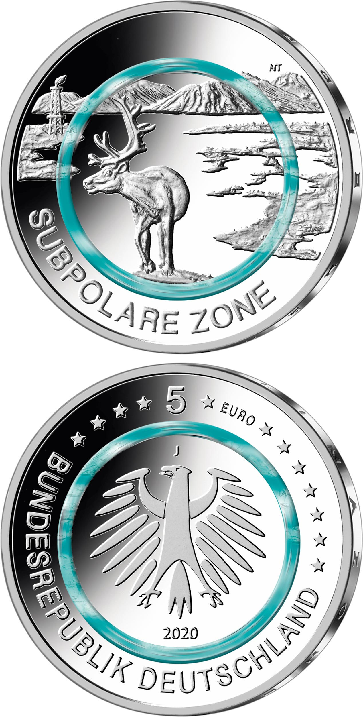 Image of 5 euro coin - Subpolar Zone | Germany 2020.  The Copper coin is of UNC quality.