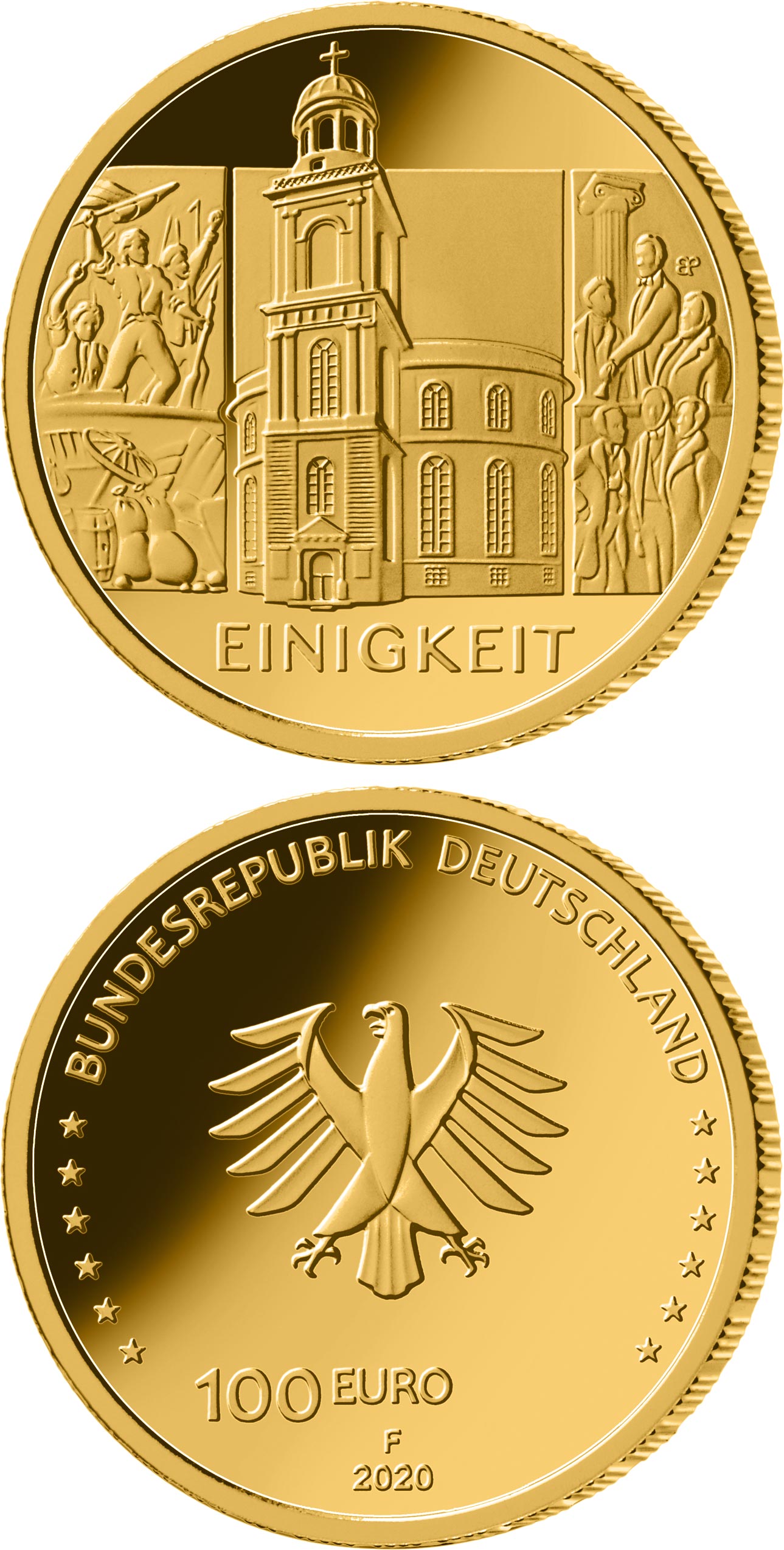 Image of 100 euro coin - The Unity - St. Paul's Church | Germany 2020.  The Gold coin is of Proof quality.