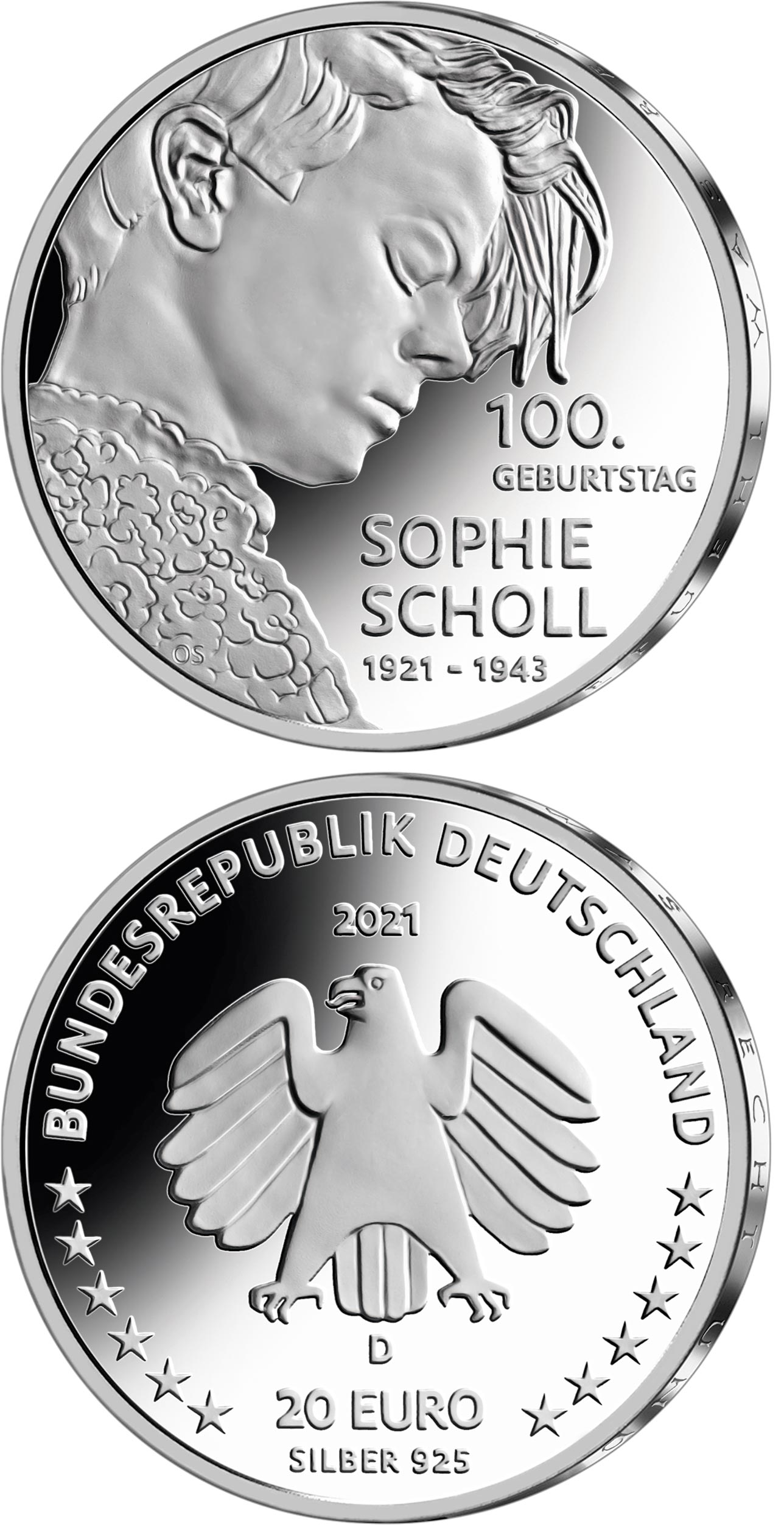 Image of 20 euro coin - 100th Anniversary of the Birth of Sophie Scholl | Germany 2021.  The Silver coin is of Proof, BU quality.