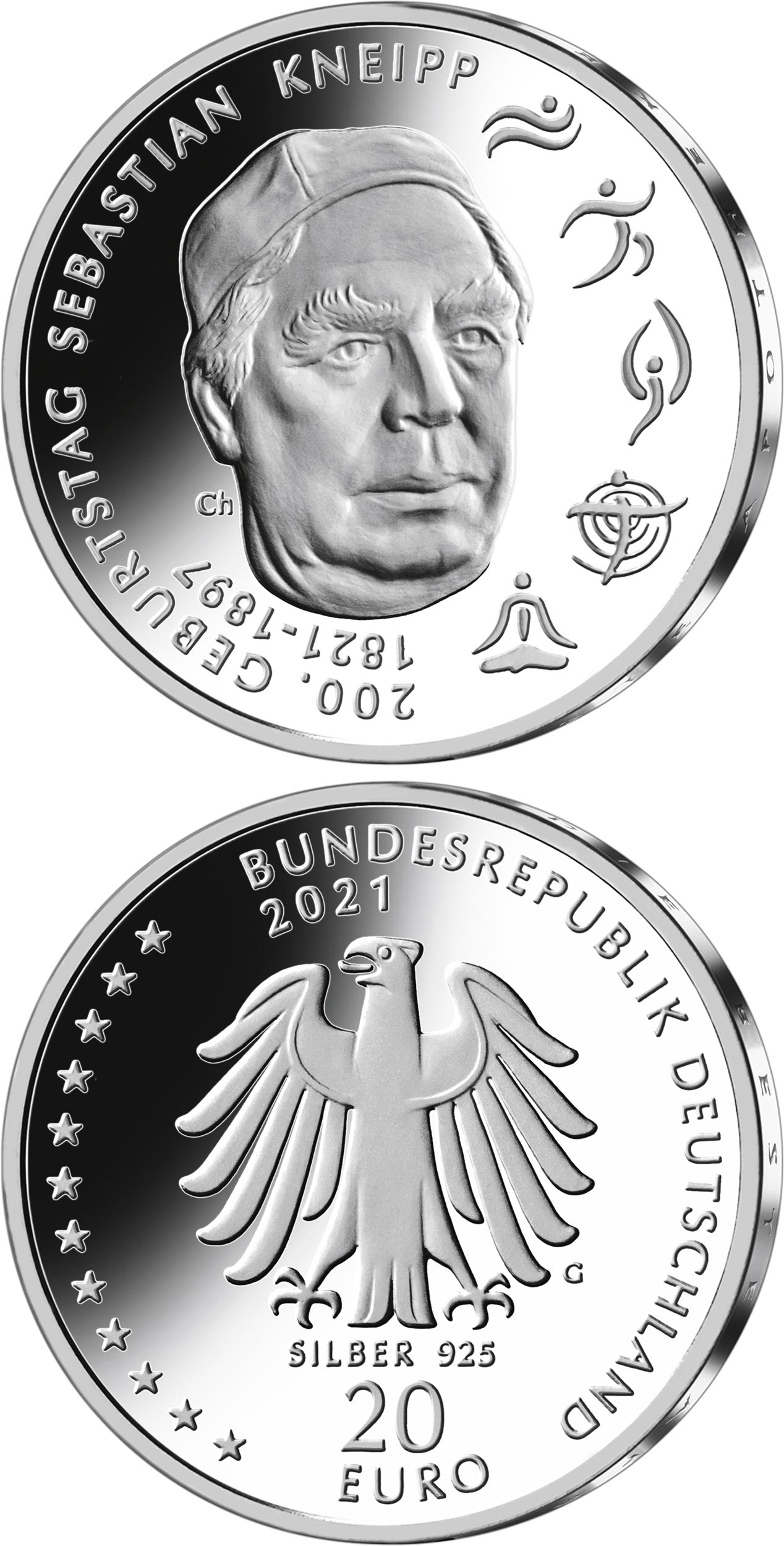 Image of 20 euro coin - 200th Anniversary of the Birth of Sebastian Kneipp | Germany 2021.  The Silver coin is of Proof, BU quality.