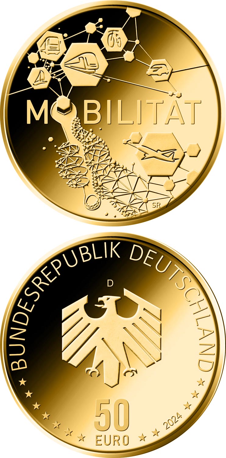 Image of 50 euro coin - Mobility | Germany 2024.  The Gold coin is of Proof quality.