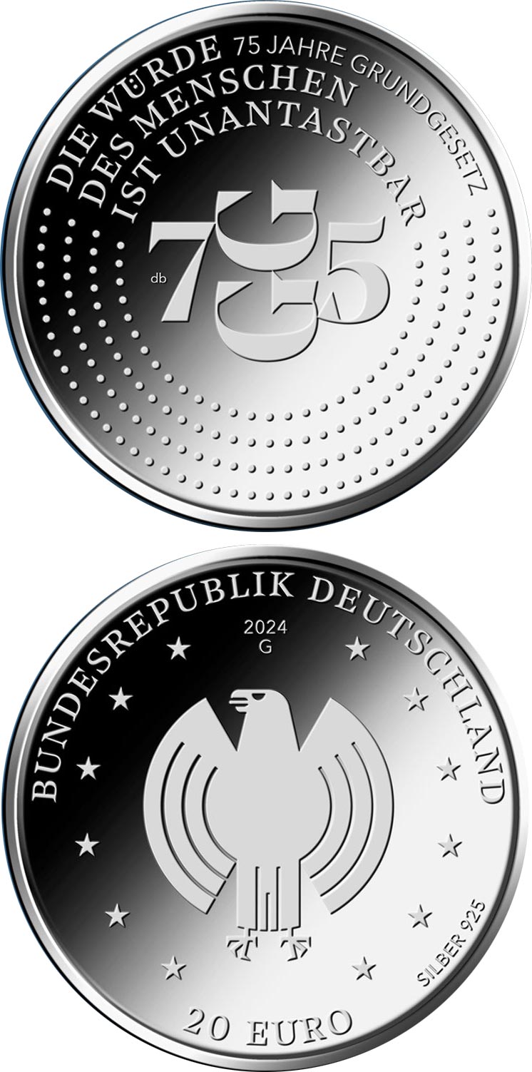 Image of 20 euro coin - 75 years of the Basic Law | Germany 2024.  The Silver coin is of Proof, BU quality.
