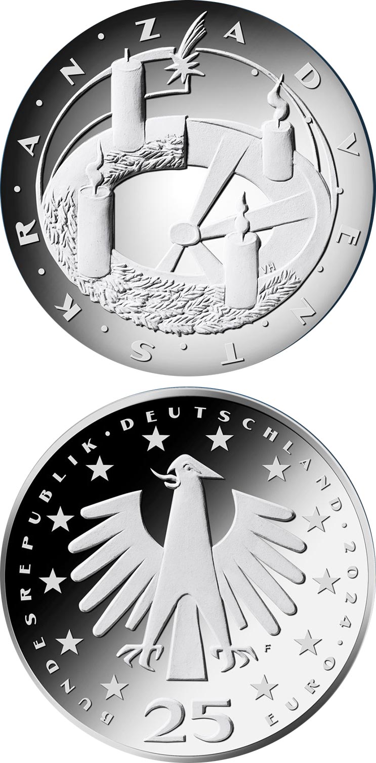 Image of 25 euro coin - Advent wreath | Germany 2024.  The Silver coin is of Proof, BU quality.