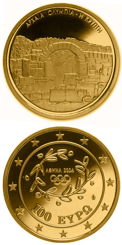 Image of 100 euro coin - XXVIII. Summer Olympics 2004 in Athens - Crypt - the entrance to the stadium of Olympia | Greece 2003.  The Gold coin is of Proof quality.