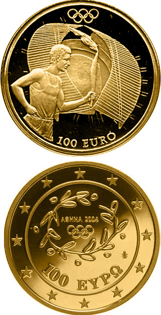 Image of 100 euro coin - Torch Relay - Start Ceremony   | Greece 2004.  The Gold coin is of Proof quality.