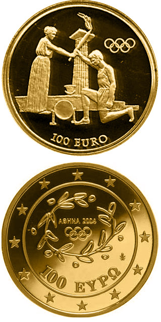 Image of 100 euro coin - Torch Relay - Return Ceremony  | Greece 2004.  The Gold coin is of Proof quality.