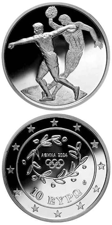 Image of 10 euro coin - XXVIII. Summer Olympics 2004 in Athens - Discus | Greece 2003.  The Silver coin is of Proof quality.