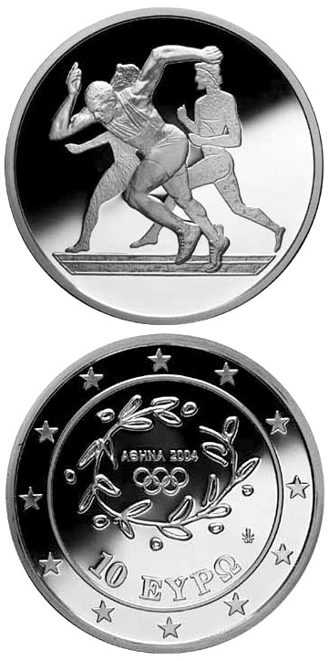 Image of 10 euro coin - XXVIII. Summer Olympics 2004 in Athens - Sprint | Greece 2003.  The Silver coin is of Proof quality.