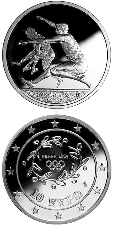 Image of 10 euro coin - XXVIII. Summer Olympics 2004 in Athens - Long-jump | Greece 2003.  The Silver coin is of Proof quality.