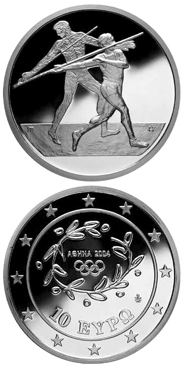 Image of 10 euro coin - XXVIII. Summer Olympics 2004 in Athens - Javelin | Greece 2003.  The Silver coin is of Proof quality.