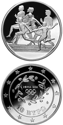Image of 10 euro coin - XXVIII. Summer Olympics 2004 in Athens - Relay race | Greece 2003.  The Silver coin is of Proof quality.