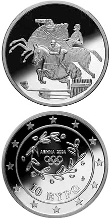 Image of 10 euro coin - XXVIII. Summer Olympics 2004 in Athens - Riding / Show jumper | Greece 2003.  The Silver coin is of Proof quality.