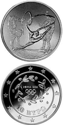 Image of 10 euro coin - XXVIII. Summer Olympics 2004 in Athens - Rhythmic gymnastics / Gymnasts | Greece 2003.  The Silver coin is of Proof quality.