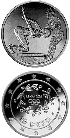 Image of 10 euro coin - XXVIII. Summer Olympics 2004 in Athens - Swimming | Greece 2003.  The Silver coin is of Proof quality.
