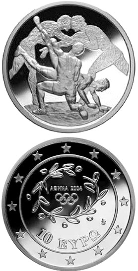 Image of 10 euro coin - XXVIII. Summer Olympics 2004 in Athens - Wrestling | Greece 2004.  The Silver coin is of Proof quality.