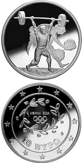 Image of 10 euro coin - XXVIII. Summer Olympics 2004 in Athens - Weightlifting | Greece 2004.  The Silver coin is of Proof quality.