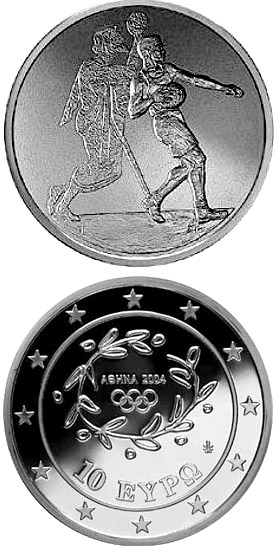 Image of 10 euro coin - XXVIII. Summer Olympics 2004 in Athens - Handball | Greece 2004.  The Silver coin is of Proof quality.