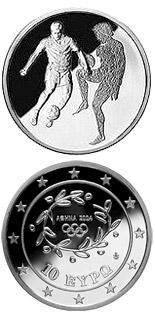 Image of 10 euro coin - XXVIII. Summer Olympics 2004 in Athens - Football | Greece 2004.  The Silver coin is of Proof quality.