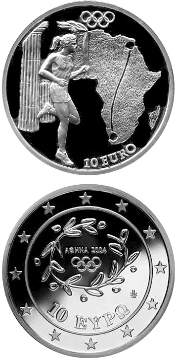 Image of 10 euro coin - Torch Relay Africa - XXVIII. Summer Olympics 2004 in Athens | Greece 2004.  The Silver coin is of Proof quality.