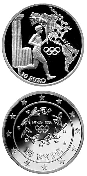 Image of 10 euro coin - Torch Relay America - XXVIII. Summer Olympics 2004 in Athens | Greece 2004.  The Silver coin is of Proof quality.
