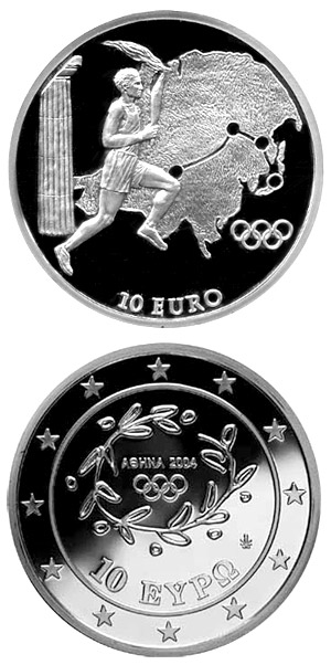 Image of 10 euro coin - Torch Relay Asia - XXVIII. Summer Olympics 2004 in Athens | Greece 2004.  The Silver coin is of Proof quality.