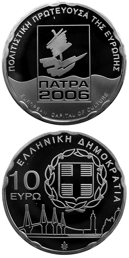 Image of 10 euro coin - Patras - European Capital of Culture | Greece 2006.  The Silver coin is of Proof quality.