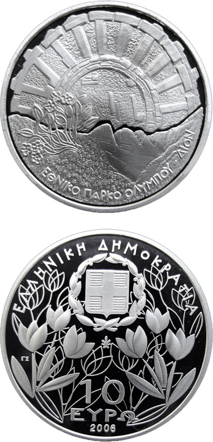 Image of 10 euro coin - 50 years National park Olympos - Excavations at Dion Olympus | Greece 2006.  The Silver coin is of Proof quality.