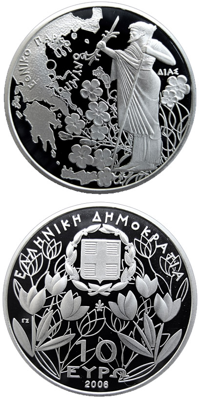 Image of 10 euro coin - 50 years National park Olympos – Zeus | Greece 2006.  The Silver coin is of Proof quality.
